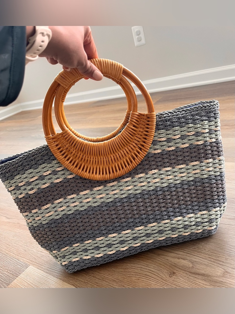 Woven Straw Tote Bag with Round Bamboo Handles